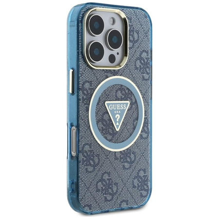 Guess IML Metal Glitter 4G Circle Triangle MagSafe - pouzdro pro iPhone 16 Pro (modré)