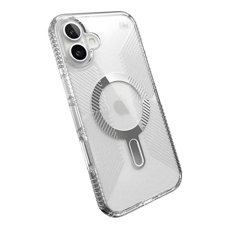 Speck Presidio Perfect-Clear Grip ClickLock & MagSafe - Coque pour iPhone 16 Plus (Transparente / Finition Chrome / Argent Serein)
