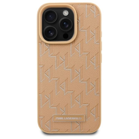 Karl Lagerfeld Kožené pouzdro MagSafe s kovovým logem Monogram - iPhone 16 Pro (béžové)