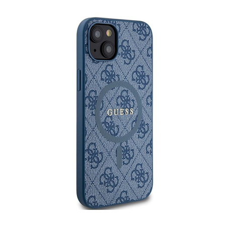 Guess 4G Collection Cuir Logo Métal MagSafe - Étui pour iPhone 15 Plus / 14 Plus (bleu)