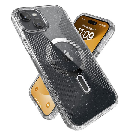 Speck Presidio Lux Grip ClickLock & Magsafe - Coque pour iPhone 15 Plus (Transparente / Finition Chrome / Argent Serein)