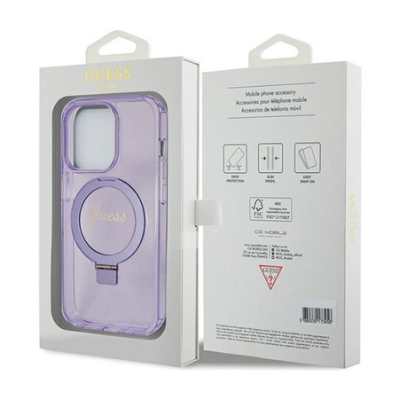 Guess Ring Stand Script Glitter MagSafe - iPhone 15 Pro Case (violet)