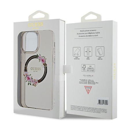 Guess IML Flowers Wreath MagSafe - pouzdro pro iPhone 15 Pro Max (černé)