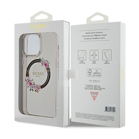 Guess IML Flowers Wreath MagSafe - Hülle für iPhone 15 Pro Max (Schwarz)