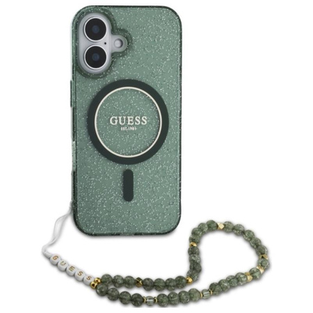 Guess IML Glitter With Pearl Strap MagSafe - Pouzdro pro iPhone 16 Plus (Zelené)