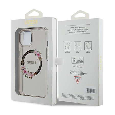 Guess IML Flowers Wreath MagSafe - Pouzdro iPhone 15 (Černé)