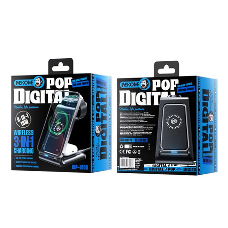 WEKOME WP-U168 Pop Digital Series - Chargeur sans fil 3-en-1 pour iPhone, AirPods et Apple Watch (Noir)