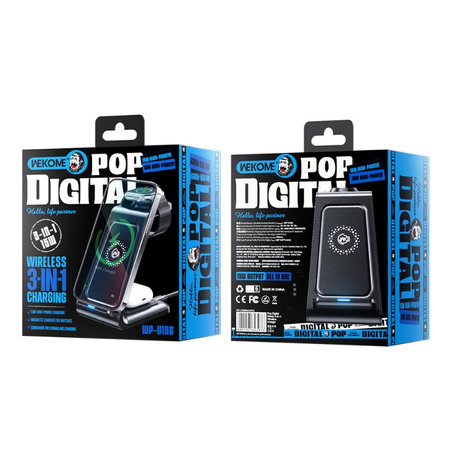 WEKOME WP-U168 Pop Digital Series - 3 az 1-ben vezeték nélküli töltő iPhone-hoz, AirPodshoz és Apple Watch-hoz (fekete)