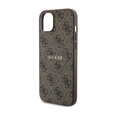 Guess 4G Collection Leder Metall Logo MagSafe - iPhone 15/14/13 Hülle (Braun)