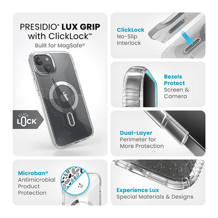Speck Presidio Lux Grip ClickLock & Magsafe - Coque pour iPhone 15 Plus (Transparente / Finition Chrome / Argent Serein)