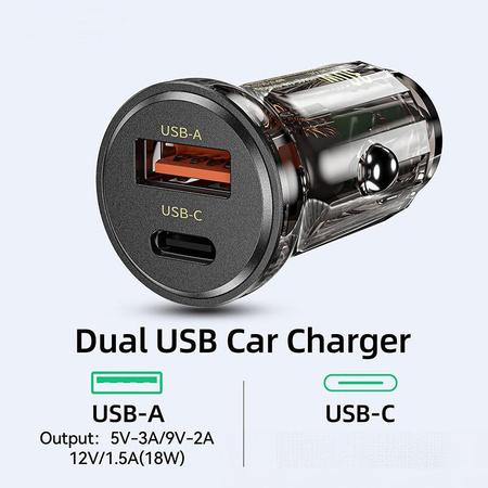 WEKOME WP-C41 Vanguard Series - Chargeur de voiture 30W à charge rapide USB-C et USB-A (Noir / Transparent)