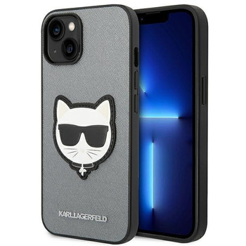 Karl Lagerfeld Saffiano Choupette Head Patch Case - pouzdro pro iPhone 14 Plus (stříbrné)