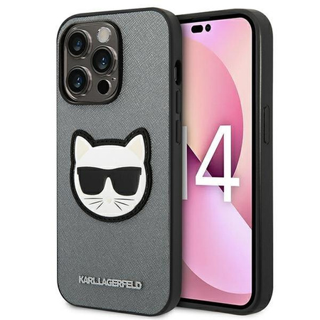 Karl Lagerfeld Saffiano Choupette Head Patch Case - pouzdro pro iPhone 14 Pro Max (stříbrné)