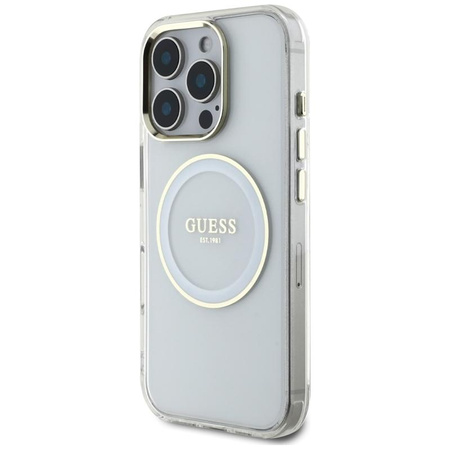Guess IML Metallfarbener Kreis Klassisches Logo MagSafe - Gehäuse für iPhone 16 Pro (weiß)