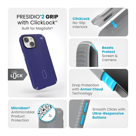 Speck Presidio2 Grip ClickLock & MagSafe - Tasche iPhone 15 / iPhone 14 / iPhone 13 (Future Blue/Purple Ink)