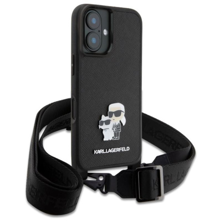 Karl Lagerfeld Saffiano Karl & Choupette Metall Pin CBDY Armband - iPhone 16 Tasche (schwarz)