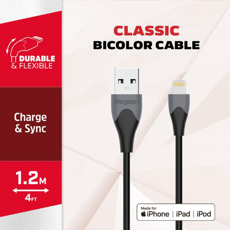 Energizer Classic - Câble de connexion USB-A vers Lightning certifié MFi 1,2m (Noir)