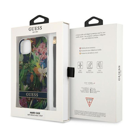 Guess Flower Cord - Etui avec dragonne iPhone 13 mini (Bleu)