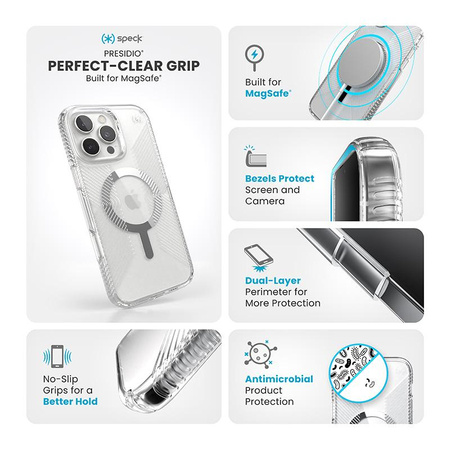 Speck Presidio Perfect-Clear Grip MagSafe - iPhone 16 Pro Max Case (Clair / Finition Chrome / Argent Serein)