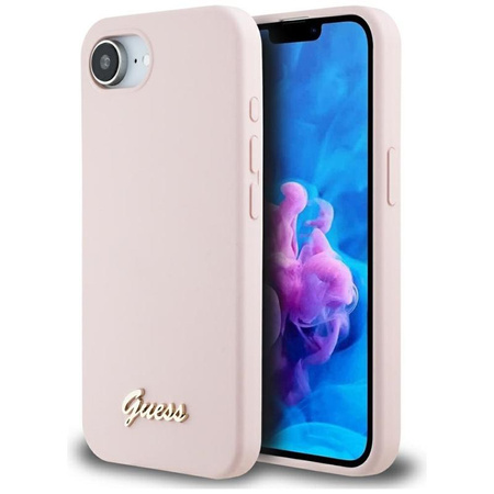 Guess szilikon script fém logó MagSafe - tok iPhone 16e készülékhez (rózsaszín)