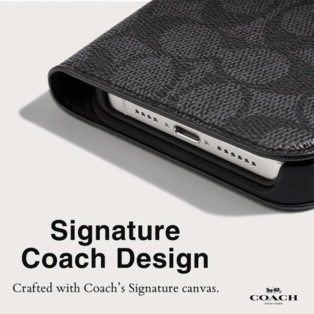 Pouzdro Coach Folio Signature C - pouzdro 2 v 1 s flipovým krytem pro iPhone 15 Pro (Charcoal)