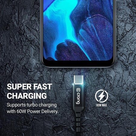 Crong Armor Link - 60W PD 3A USB-A és USB-C kábel 150cm (fekete)