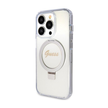 Guess Ring Stand Script Glitter MagSafe - iPhone 15 Pro tok (átlátszó)