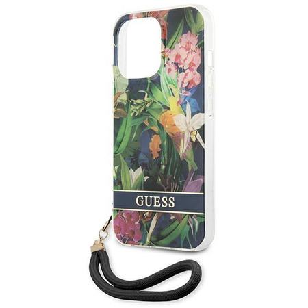 Guess Flower Cord - Etui avec dragonne iPhone 13 Pro (Bleu)