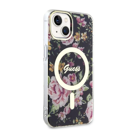 Guess Flower MagSafe - Coque pour iPhone 14 Plus (Noir)