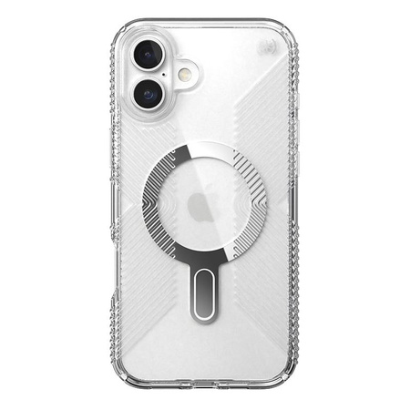 Speck Presidio Perfect-Clear Grip ClickLock & MagSafe - Coque pour iPhone 16 Plus (Transparente / Finition Chrome / Argent Serein)