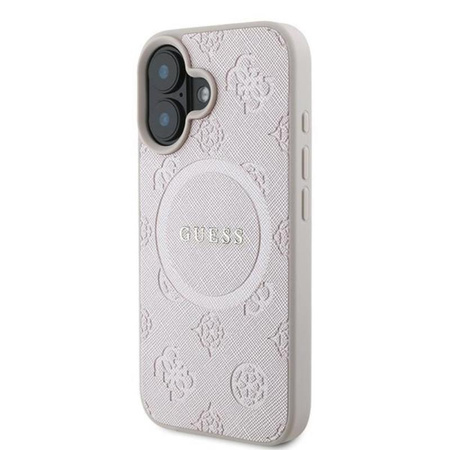 Guess Saffiano Peony Classic Logo MagSafe - Étui pour iPhone 16 Plus (rose)