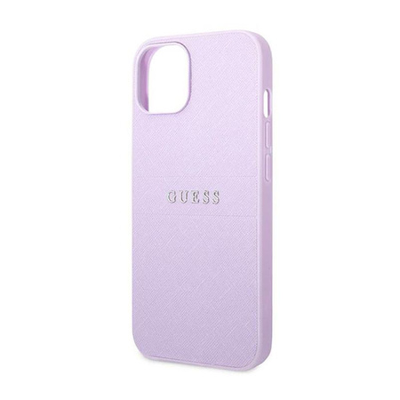 Pouzdro Guess Saffiano Metal Logo Stripes - iPhone 14 Plus (lila)