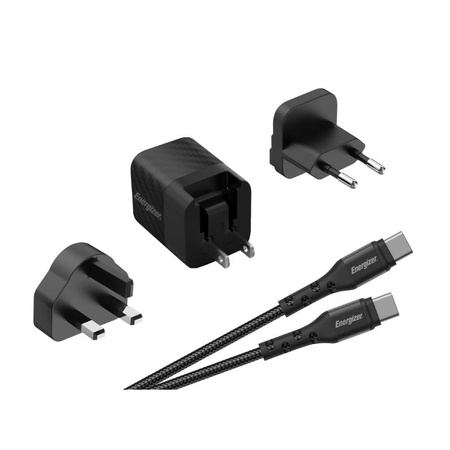 Energizer Ultimate - Multiplug EU / UK / US GaN USB-C 20W PD travel charger + USB-C cable (Black)