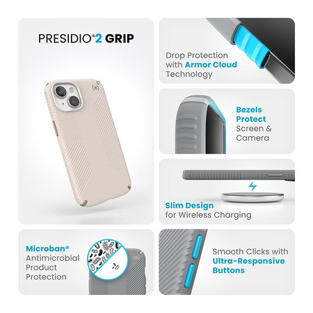 Speck Presidio2 Grip - pouzdro iPhone 16e / iPhone 15 / iPhone 14 / iPhone 13 (Bělená kost / Dědičná zlatá / Lískově hnědá)