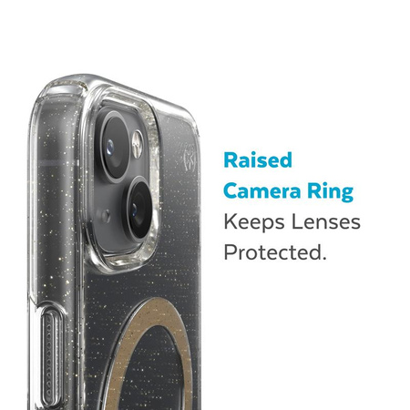 Speck Presidio Perfect-Clear mit Glitzer + MagSafe - iPhone 15 Plus / 14 Plus Hülle mit MICROBAN-Beschichtung (Transparent / Goldglitzer)