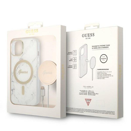 Guess Bundle Pack MagSafe IML Marble - pouzdro MagSafe pro iPhone 14 Plus + sada nabíječky (bílá/zlatá)