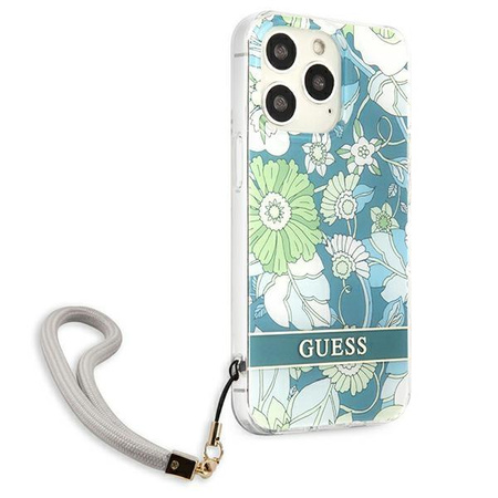 Guess Flower Cord - Etui avec dragonne iPhone 13 Pro (Vert)