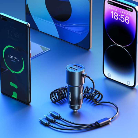 WEKOME WP-C44 Pop Digital Series - Autoladegerät mit integriertem 3-in-1 USB-C / Lightning / Micro USB + 2x USB-A 33W Kabel (Schwarz)