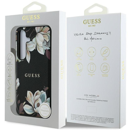 Guess Grained Printed Flower Pattern MagSafe - pouzdro pro Samsung Galaxy S25 (černé)