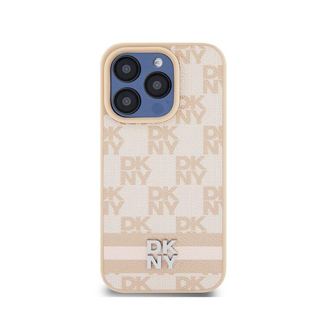 DKNY Leather Checkered Mono Pattern & Printed Stripes - Coque pour iPhone 15 Pro Max (rose)