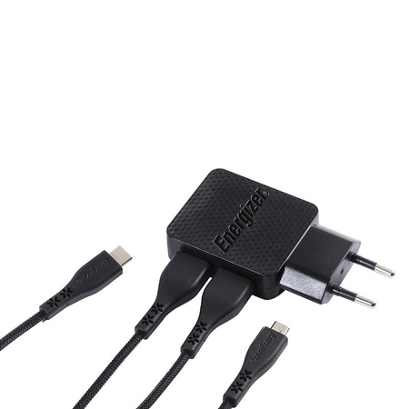 Energizer HardCase - Kompakt hálózati töltő 2x USB-A + USB-C és Micro USB kábel (fekete) élettartam garancia