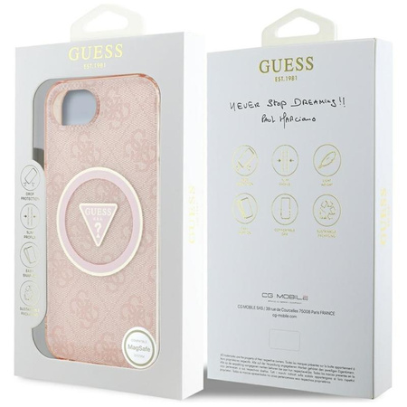 Guess IML Metal Glitter 4G Circle Triangle MagSafe - pouzdro pro iPhone 16e (růžové)