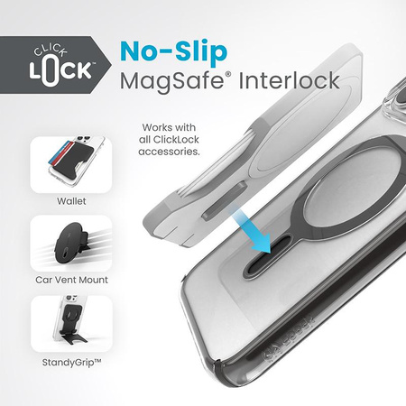 Speck Presidio Perfect-Clear ClickLock e Magsafe - Custodia per iPhone 15 Pro Max (Trasparente / Nero satinato / Grigio ardesia)