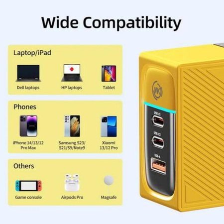 WEKOME WP-U155 Tint Series - 2x USB-C & USB-A Super Fast Charger GaN 100W Power Charger (Yellow)