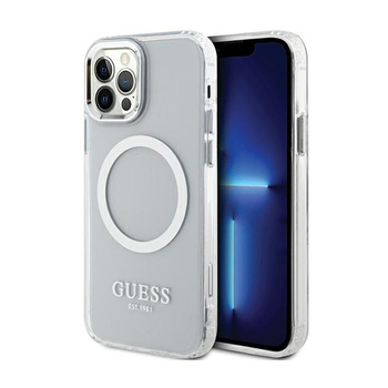 Pouzdro Guess Metal Outline MagSafe - iPhone 12 / iPhone 12 Pro (průhledné / stříbrné)