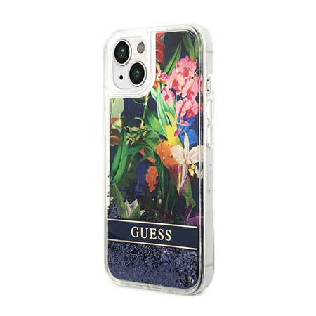 Guess Liquid Glitter Flower - Coque pour iPhone 14 Plus (bleu)