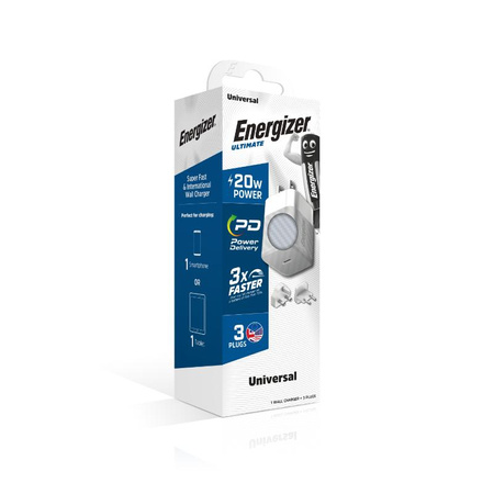 Energizer Ultimate - Multiplug EU / UK / US GaN USB-C 20W PD Reiseladegerät (Silber)