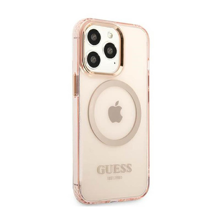 Guess Gold Outline Průsvitné pouzdro MagSafe - iPhone 13 Pro Max (růžové)