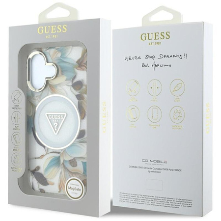 Guess Glitter Flowers Triangle Buttons MagSafe - Hülle für iPhone 16 (weiß)
