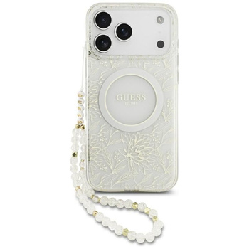Guess IML Flowers Electro Pearl Strap MagSafe - Hülle iPhone 17 Pro Max (weiß)